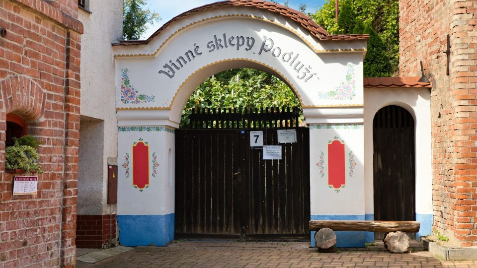 Malovaná brána na konci vinařské uličky Výmol v Moravské Nové Vsi