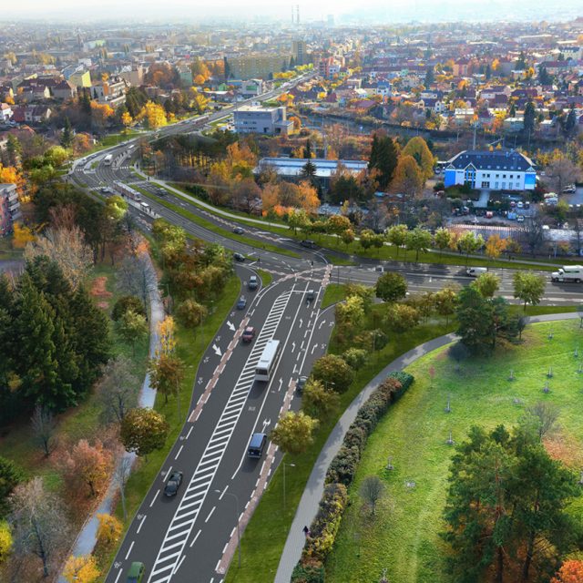 Takto by po vybudování tramvajové trati měla podle architektů vypadat nynější kruhová křižovatka na Lesné. | foto: Magistrát města Brna - PK Ossendorf