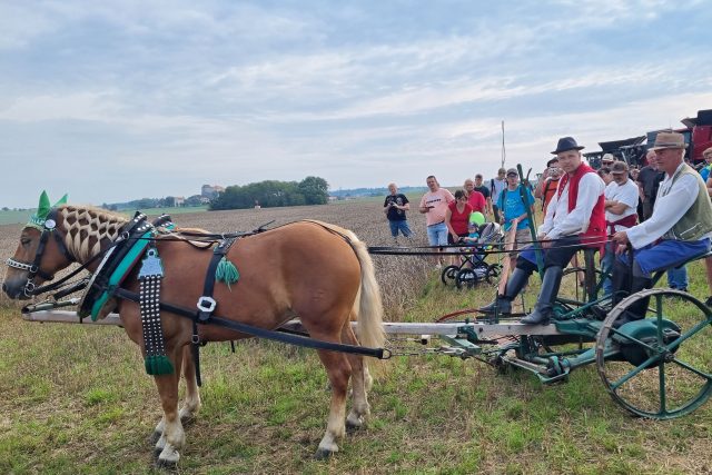 František Dobrovolný a Antonín Sekanina vyjeli na pole s předělanou koňskou žačkou | foto: Milan Soldán,  Český rozhlas