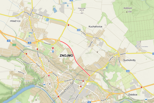 Dostavba zbývajících 750 metrů obchvatu Znojma je odložena na neurčito | foto: Mapy.cz